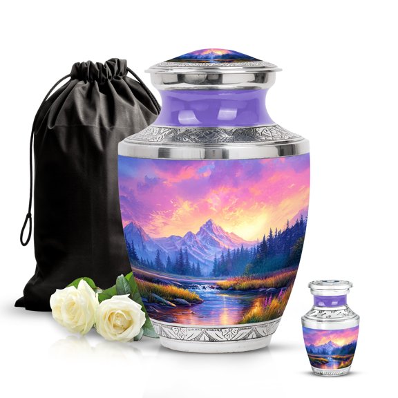 SABURIAL Mountains Urn - Lovely Burial Urns For Men & Women Ash - Perfect Large Urn For Human Ashes - Mini Memorial Urns For Adult - Combo - 10 Inch Large & 3 Inch Small