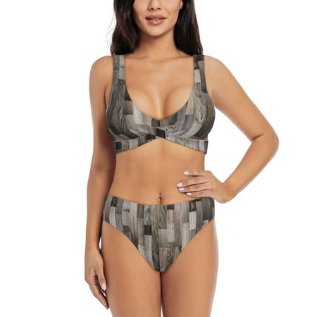 Zeuib Wooden Texture High Waisted Tummy Control Bikini Set - Knot Front Push Up Top & Cheeky Thong Bottom  Two-Piece Swimsuit for Women-Large