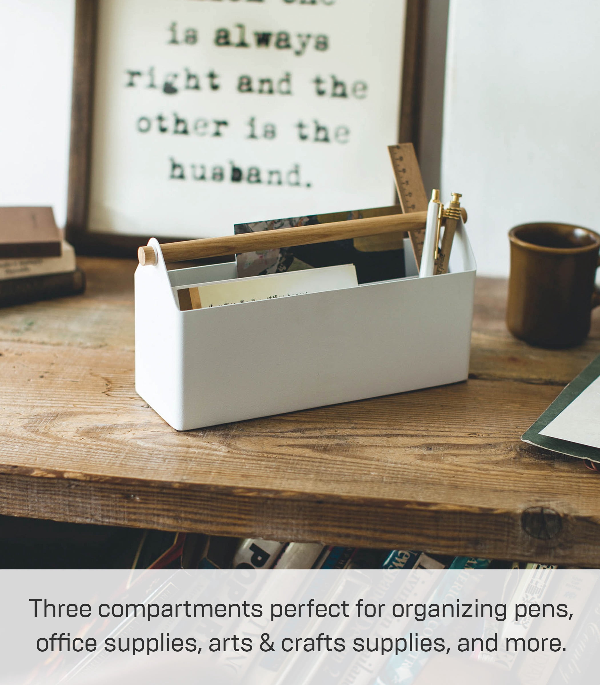 Yamazaki Home Pen + Desk Organizer - Two Sizes, White, Steel + Wood, Caddy, Handles, No Assembly
