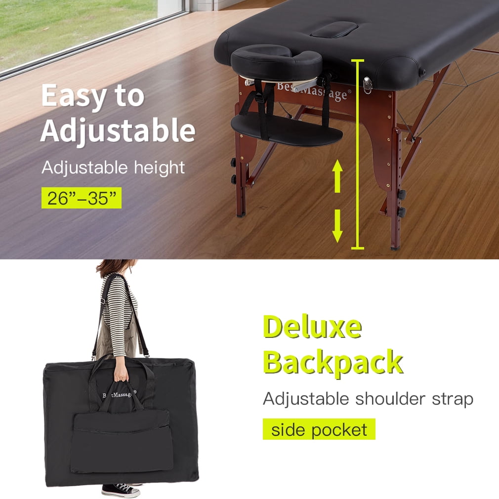 BestMassage 2 Fold Height Adjustable Portable 77" x 30"x3" PU&Sponge Deluxe Backpack Black Table