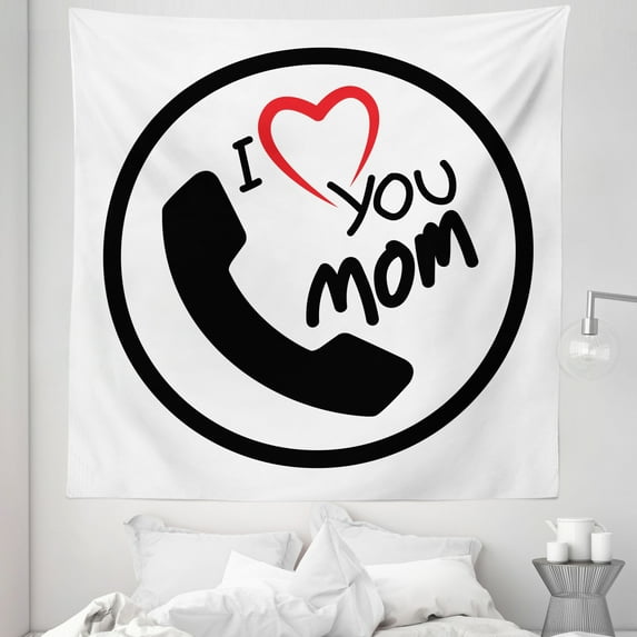 Call Mom Tapestry, Phone Motif with Circular Frame and I Love You Mom Words Simple Modern, Fabric Wall Hanging Decor for Bedroom Living Room Dorm, 5 Sizes, Vermilion Black White, by Ambesonne