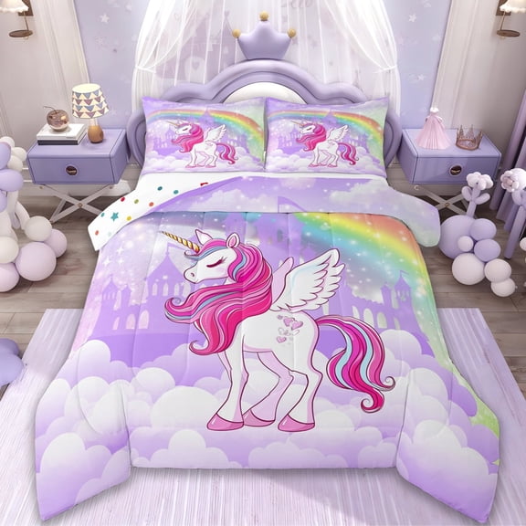 Erosebridal Chic Unicorn Bedding Sets Twin with Comforter,Cartoon Rainbow Duvet Insert,Fairy Castle Silhouette Comforter Sets Twin Size For Girls,Room Decoration Reversible,2pcs