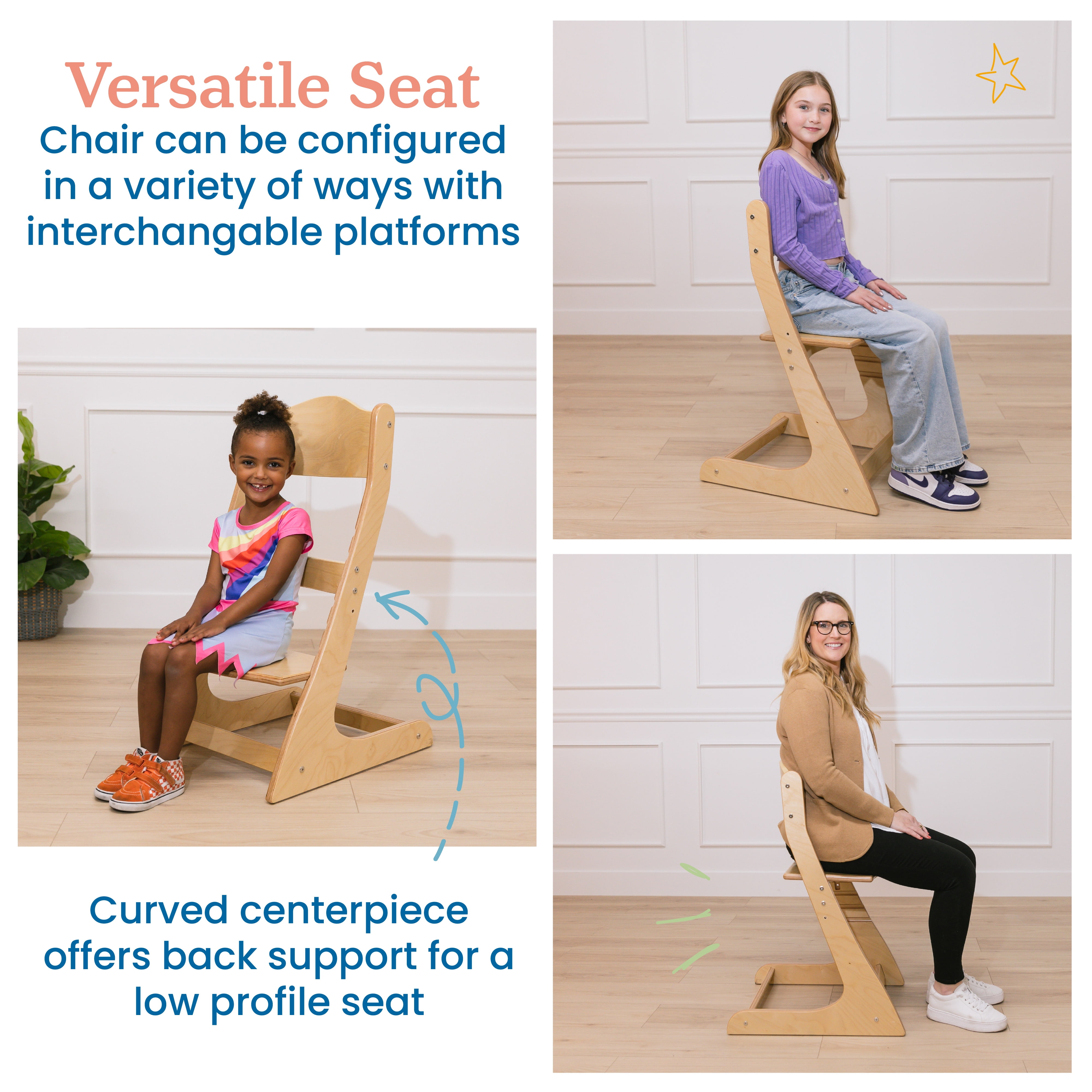 ECR4Kids Wooden Adjustable Grows with Me Transitional Chair, Montessori Furniture, Natural