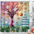 thumbnail image 1 of Whimsical Abstract Christmas Shower Curtain with Gold Baubles & Snowflakes, 1 of 5