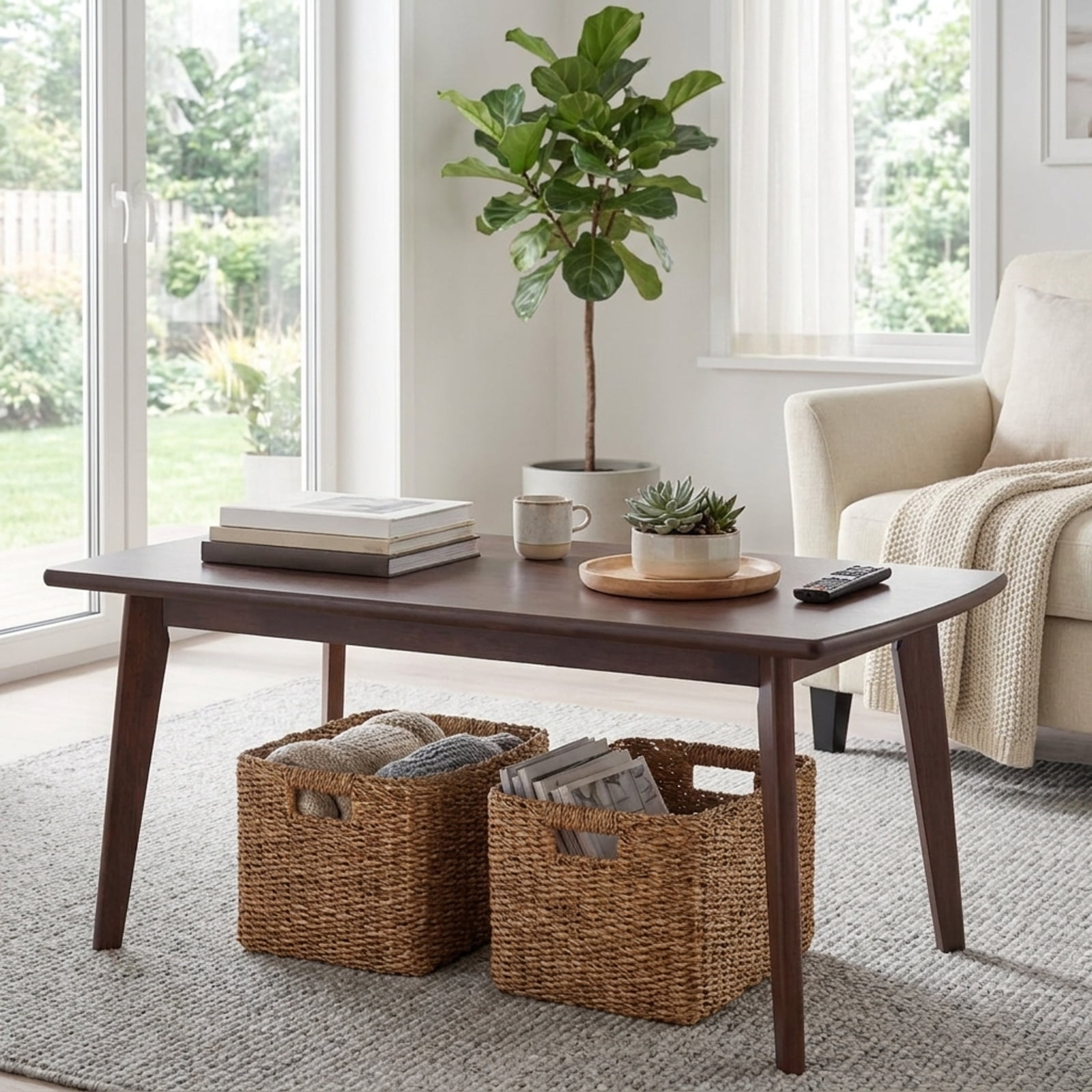 Furnibear Solid Wood Modern Coffee Table with Tapered Legs - Walnut - Living Room Cocktail Center Table