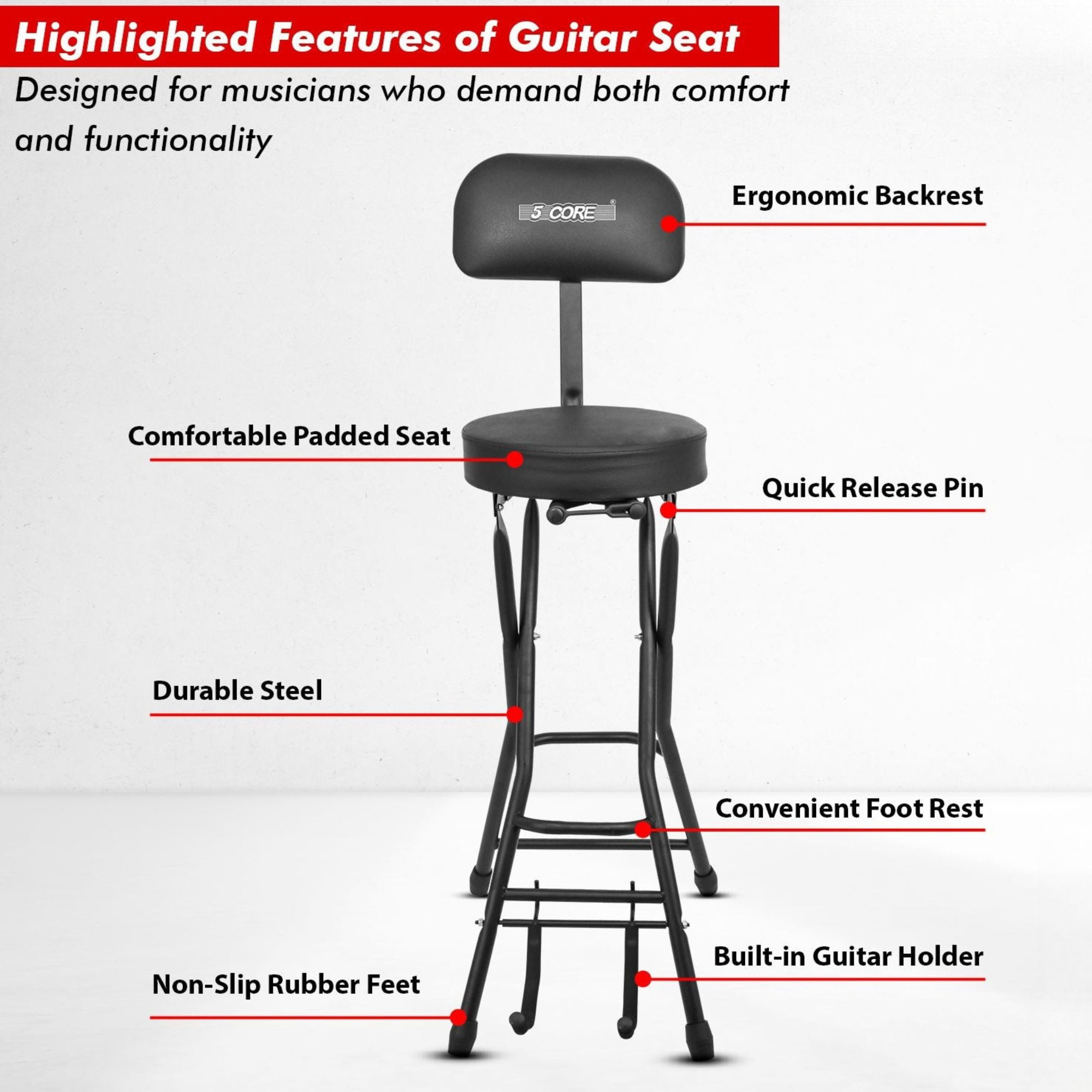 3-in-1 Adjustable Guitar Stool with Padded Seat & Built-in Stand