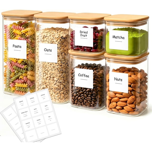 6-Pack Square Glass Pantry Storage Containers with Lids, Airtight Stackable Organization and Set (1.9/1.2/0.6 Qt) for Snacks, Cereal & Coffee