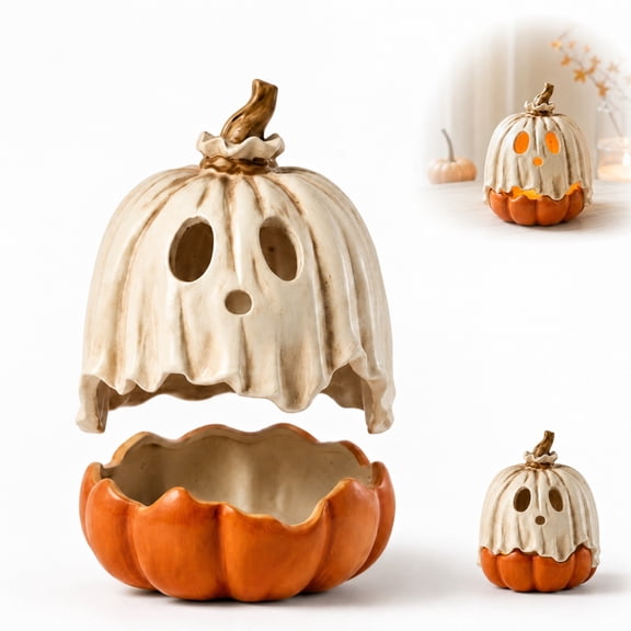 Halloween Ghost Pumpkin Candy Bowl - 2-Piece Detachable Resin Candle Holder, Spooky Jack-O'-Lantern Figurine with Ghost Cover for Tabletop Party Patio Indoor Outdoor Decor Halloween Decorations