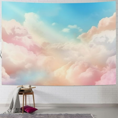 

Chilfamy Pink and Blue Tapestry for Teen Girls Bedroom Aesthetic Light Pink Clouds Sky Rainbow Pastel Ceiling Tapestries Wall Hanging for College Dorm Living Room Cute Girly Decor 50x40inch