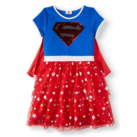 DC Comics Supergirl Reversible Flip Sequin Emblem Cosplay Dress With Detachable Cape (Little Girls & Big Girls)