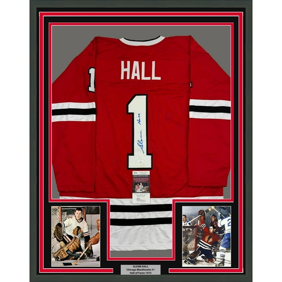 Framed Autographed/Signed Glenn Hall 35x39 Chicago Red Hockey Jersey JSA COA