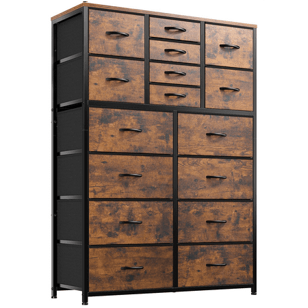 EnHomee Large Dresser for Bedroom Furniture Dresser with 16 Drawers Fabric Tall Dresser Closet Dresser Chest of Drawers Clothes Storage Slim for Living Room Office, Rustic Brown Wood Grain Print