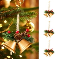 Christmas Bell Garland Charm Gold Jingle Bell Ornament, 3 Pcs Metal Christmas Bell Ornament with Holly Berry Christmas Tree Hanging Decoration Anniversary Favor
