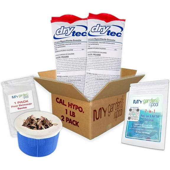 Drytec Calcium Hypochlorite Pool Shock 1 lb. 68% Bag, 2 Pack, Complete Pool Care Kit with My Garden Pool Skimmer Sock and 7-in-1 Test Strips, 20 ct. Powerful Chlorine Shock for Clear Swimming Water
