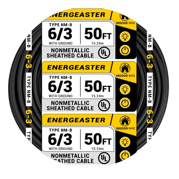 Energeaster 50ft 6/3 NM-B Pure Copper Wire, 6 AWG 3 Conductors with Ground Wire, Black, Indoor Electrical Wire