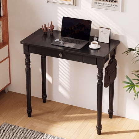 BESKADI 32 Inch Simple Modern Desk - Solid Wood Desk with Drawers, Narrow Desks with 2 Hooks, Small Writing Desks for Small Spaces, Bedroom, Living Room & Office, Black Desks