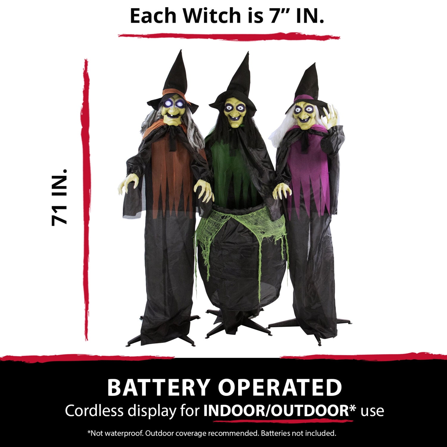 Haunted Hill Farm 5.7 ft Animatronic 3 Witches with Cauldron, Indoor/Covered Outdoor Halloween Decoration with Light-up Eyes, HHWITCH-15FLS