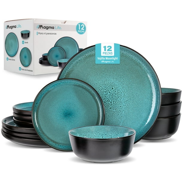 MAGMALIFE Vajilla Moonlight, Set De 12 Piezas De Gres Resistente A Rayaduras, Con Platos Grandes, Pequeños Y Tazones. Elegante, Duradera, Para 4 Personas, Apta Lavavajillas Y Microondas (Negro)