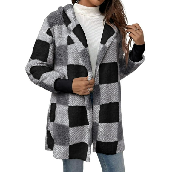 Fshiont Women's Fuzzy Fleece Jacket - Oversized Plaid Sherpa Cardigan with Hood, Open Front Coat for Fall and Winter Gray S