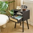 thumbnail image 3 of Rattan Nightstand, Boho Side Table with Drawer Open Shelf, Wood Accent Bedside Table, End Table with Legs for Bedroom, Living Room and Small Spaces, Black, 3 of 8