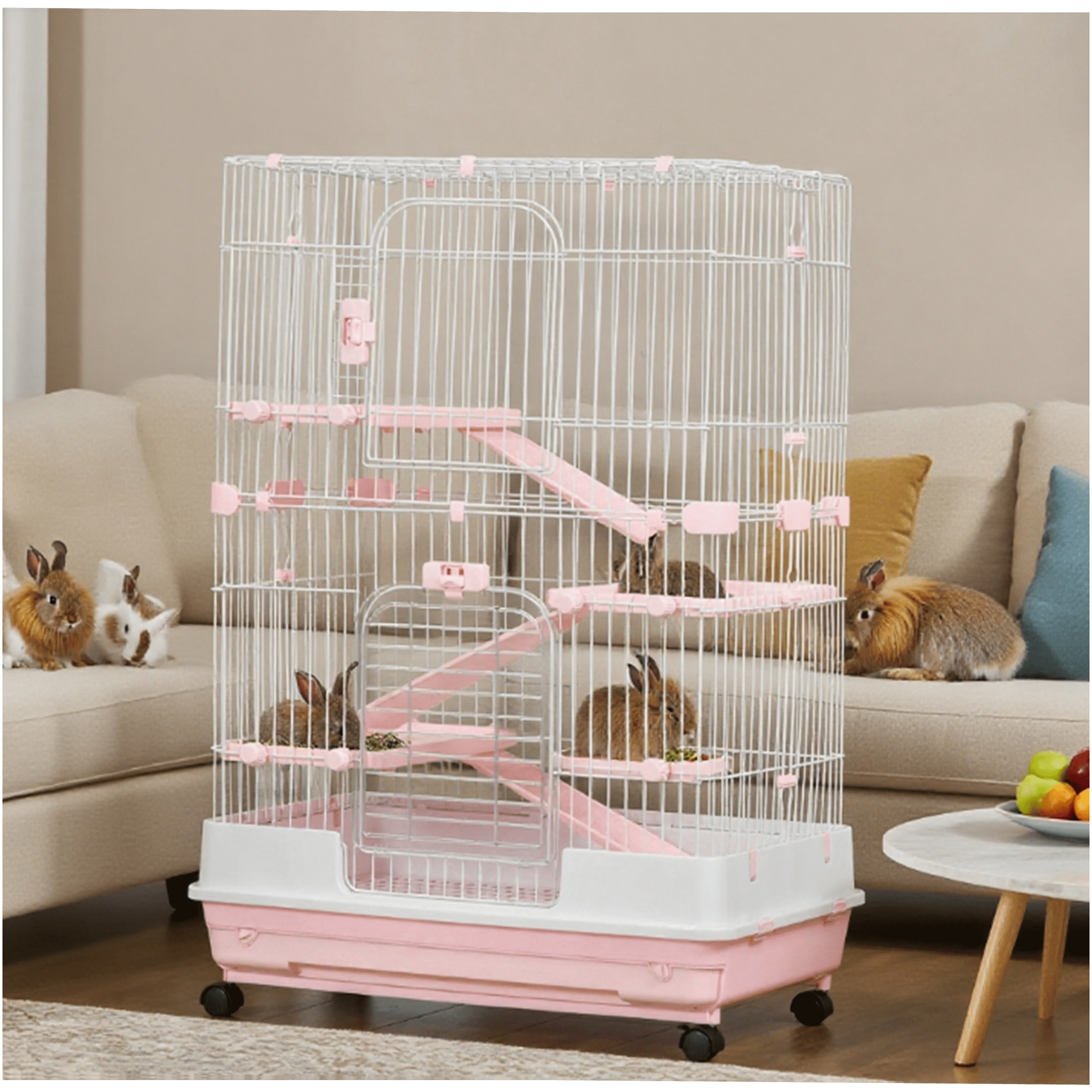 JERFIT Pink Metal Rabbit Hutch on Wheels, 32" Indoor Small Animal Cage for Rabbits, Chinchillas, Guinea Pigs with Ramp, Platform & Removable Tray