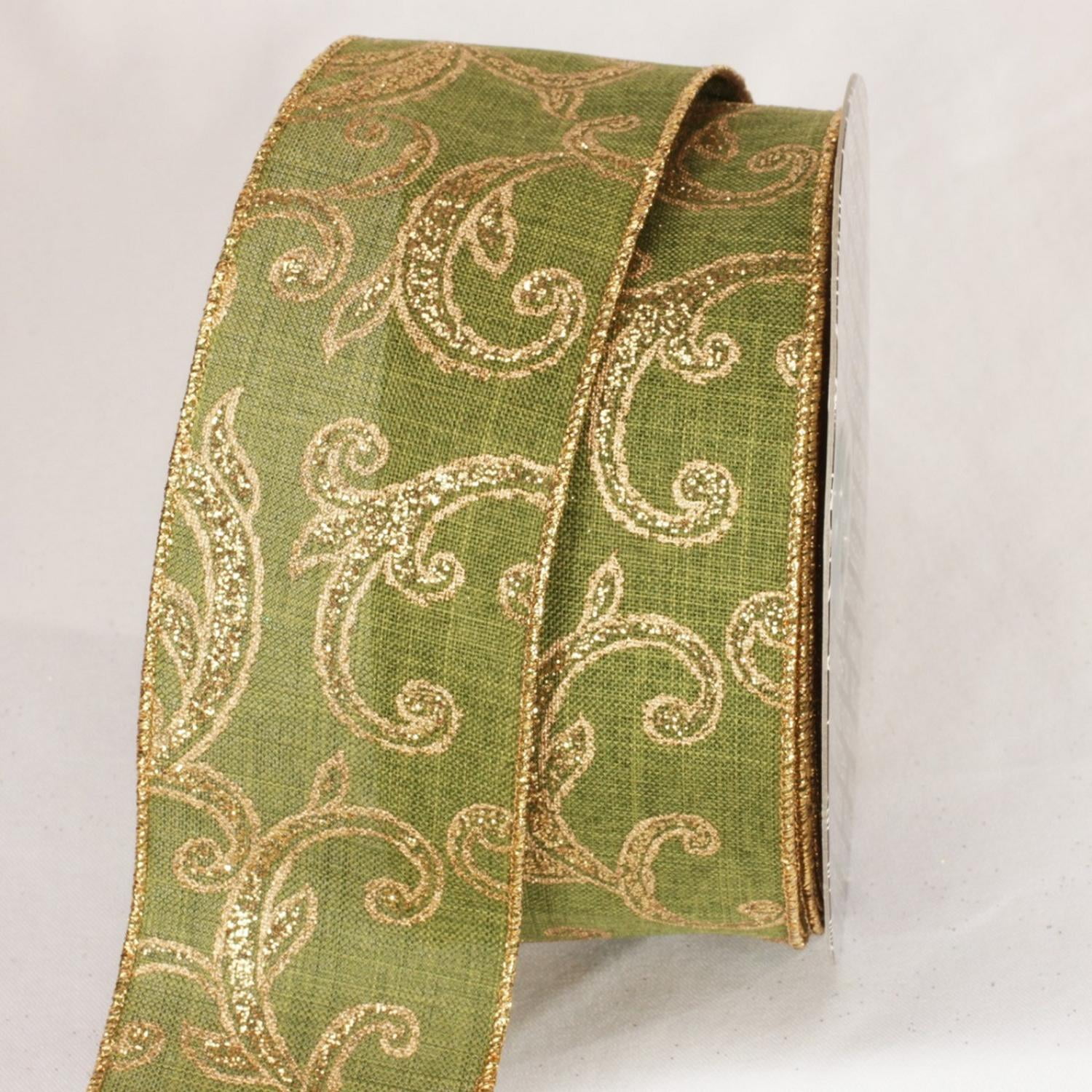 Gold Swirls on Sheer Sage Green Wired Craft Ribbon 2.5" x 20 yards