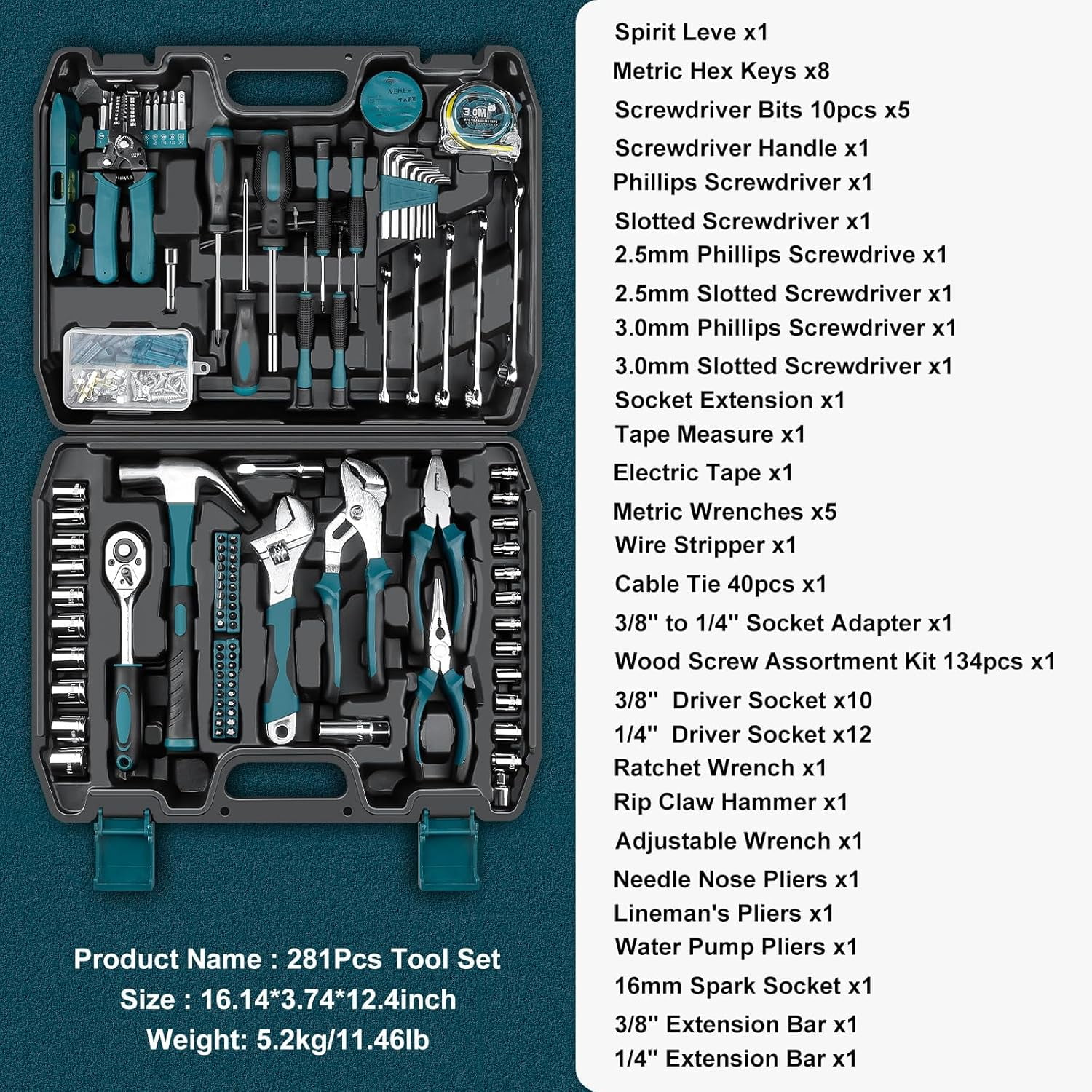 Home Tool Kit 281-PCs - Portable Complete Basic Repair General Hand Tool Sets for Men Women - Full Tool Set with Socket Wrench Set & Screwdriver Set & Metric Hex Key & Pliers & Tool Box Case