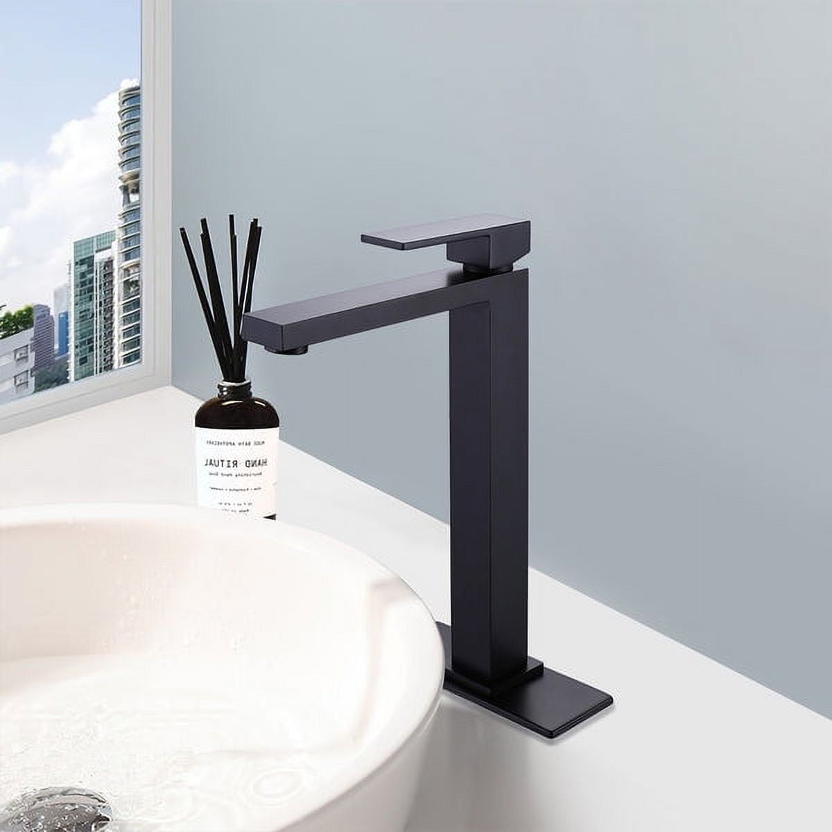 ANGELES HOME Deck Mounted Bathroom Faucet with Single Handle, Bathtub Basin Vanity Sink Faucet, Solid Brass Bathroom Faucet, Drain Assembly, Rough-in Valve Included, Matte Black