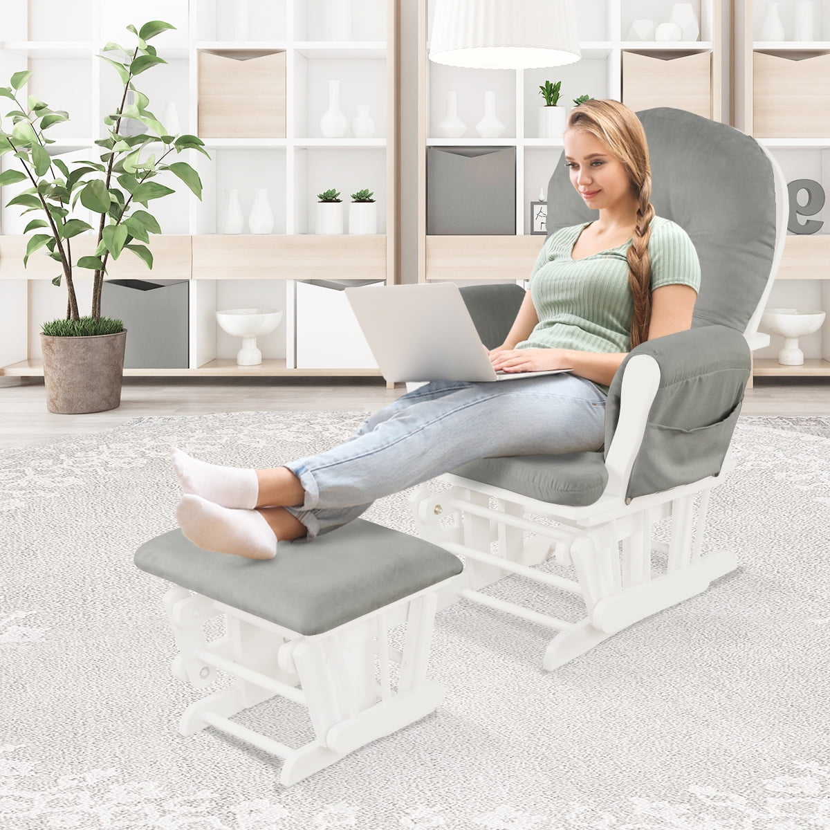 Topbuy Rocking Chair Baby Nursery Chair Glider with Ottoman &Storage Pocket Light Grey