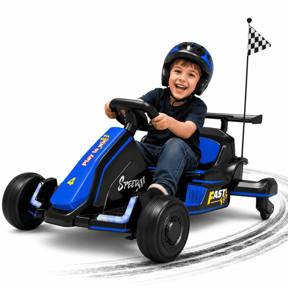 iYofe 12V Ride on Car for Kids, 360° Spin Drift Racing Go Kart with Powered PU Glowing Wheels, Water Spray Effect with Light, Music, Electric Ride On Toys for Boys Girls Age 3-8, Blue