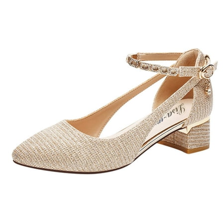 Spring and Summer Shallow Closed Mouth Women Single Shoes Womens Chunky Heels Thick Heel Buckle Pointed Women Business Shoes Toe Shoes Metal Decoration
