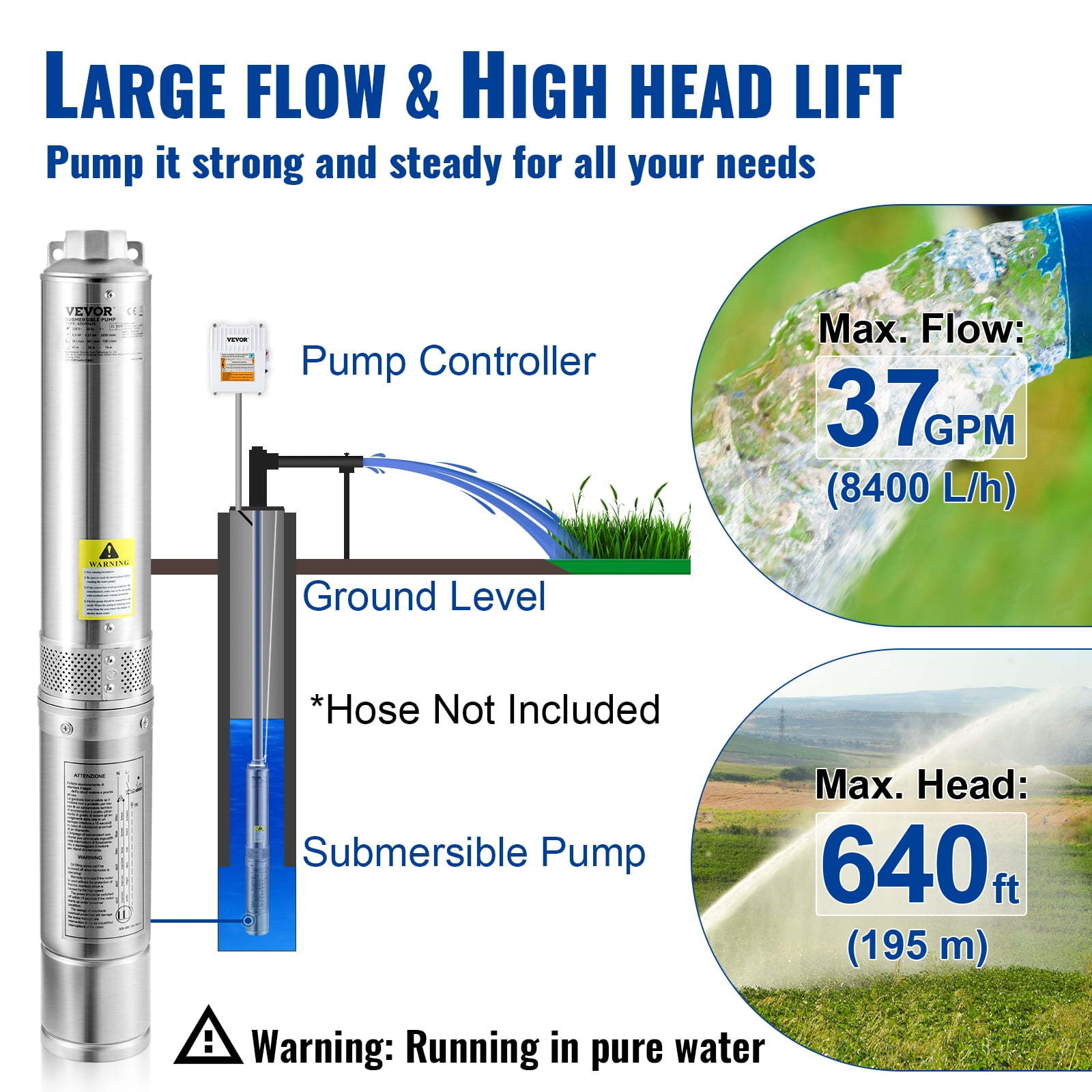 VEVOR 3HP Deep Well Submersible Pump, 37GPM 640 ft Head, with 33 ft Cord & External Control Box, 4 inch Stainless Steel Water Pumps for Industrial, Irrigation and Home Use, IP68 Waterproof, 230V/60Hz