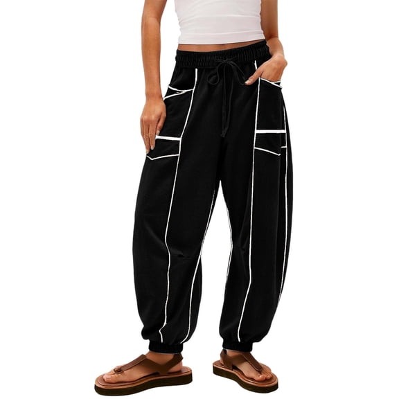 hoksml Women's High Waisted Solid Color Harem Pants with Pockets Elastic Drawstring Waist Ankle Cuff Loose Fit Pants for Lounge Bohemian Style