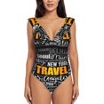 thumbnail image 2 of Yiaed Travel Print Women's Ruffled One Piece Swimsuit V Neck Swimwear Slimming Monokini for Woman-Small, 2 of 8
