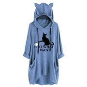 sebulube Women's Ear Hat Mid-length Blouse Mid-sleeve Cute Printed Hooded Loose Top