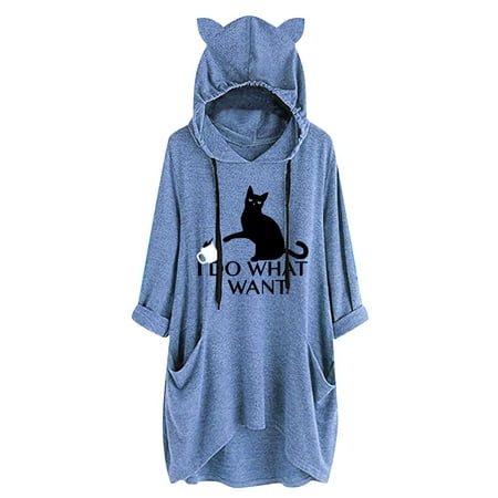 sebulube Women's Ear Hat Mid-length Blouse Mid-sleeve Cute Printed Hooded Loose Top