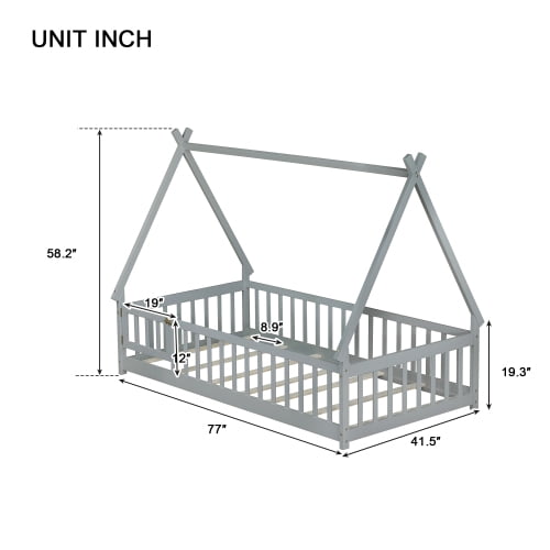 Bellemave Twin Size Floor Bed with Door, Teepee Tent Bed Beds, Twin Montessori Floor Bed with Guardrails, Wood House Bed with Slats, Grey