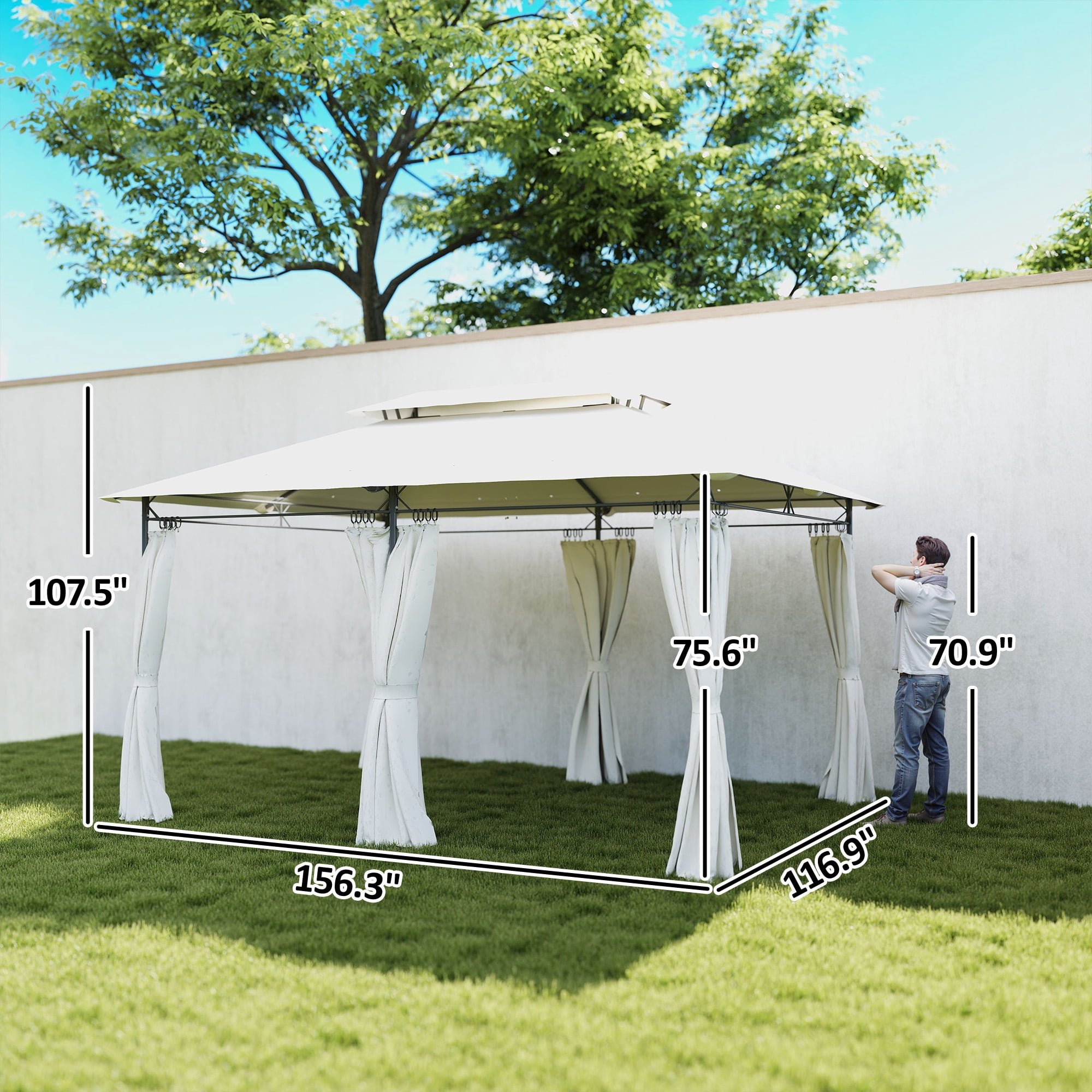 Outsunny 10' x 13' Patio Gazebo, Double Roof Outdoor Gazebo with Curtains and Metal Frame for Garden, Lawn, Backyard and Deck, Cream White