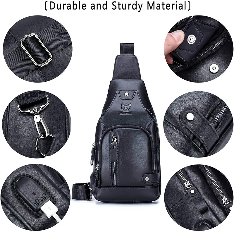 BULLCAPTAIN Leather Sling Bag Men's Casual Shoulder Crossbody Bag, Black