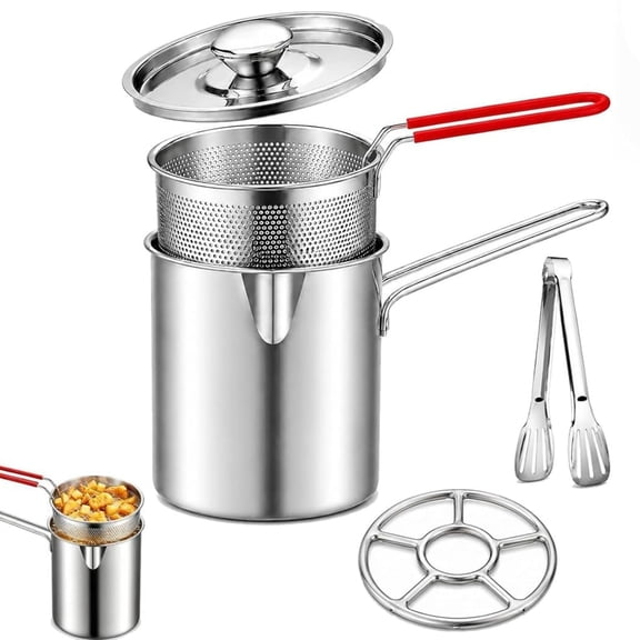 Stainless Steel Pot with Lift-Out Draining Basket & Food Tongs, Personal Mini Deep Fryer Set – 1.2lPortable Stainless Steel Pot for Home Cooking Frying
