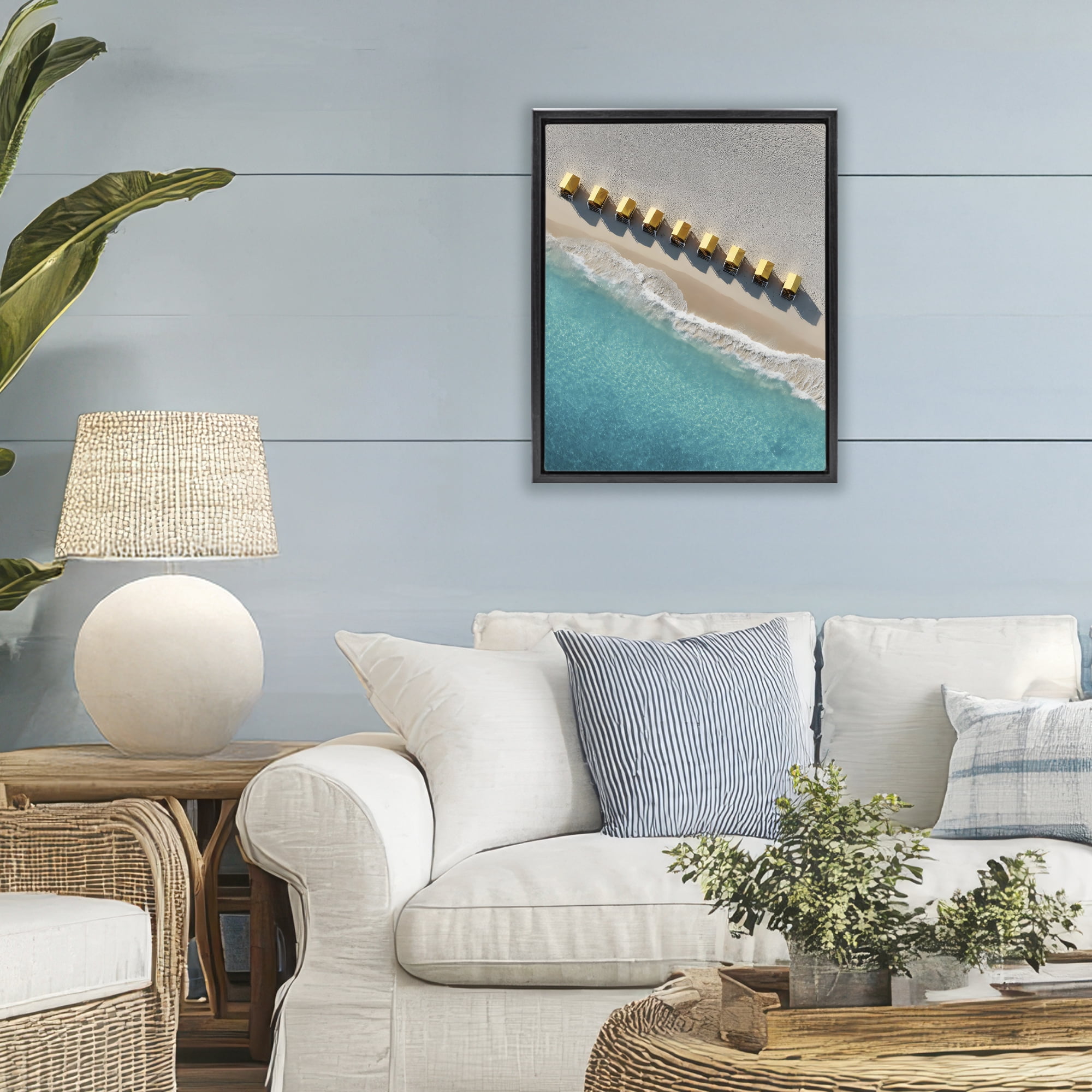 Stupell Industries Yellow Cabanas Along Shore Black Framed Floater Canvas Wall Art, design by Franklyn Gregory