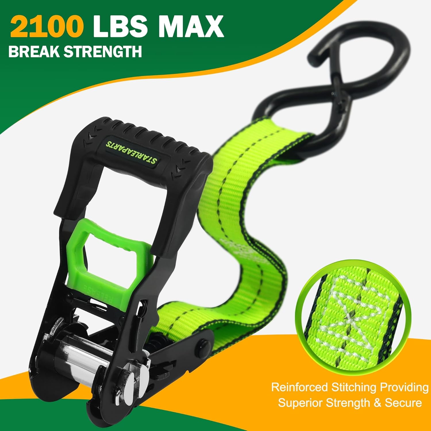 STARLEAPARTS Heavy Duty Automatic Ratchet Motorcycle Tie Down Straps (4 Pack, Green, 15ft) - 2100lb Break Strength, Auto-Ratcheting Type, Soft Loop Tie-Downs for Cargo, Trucks & Appliances