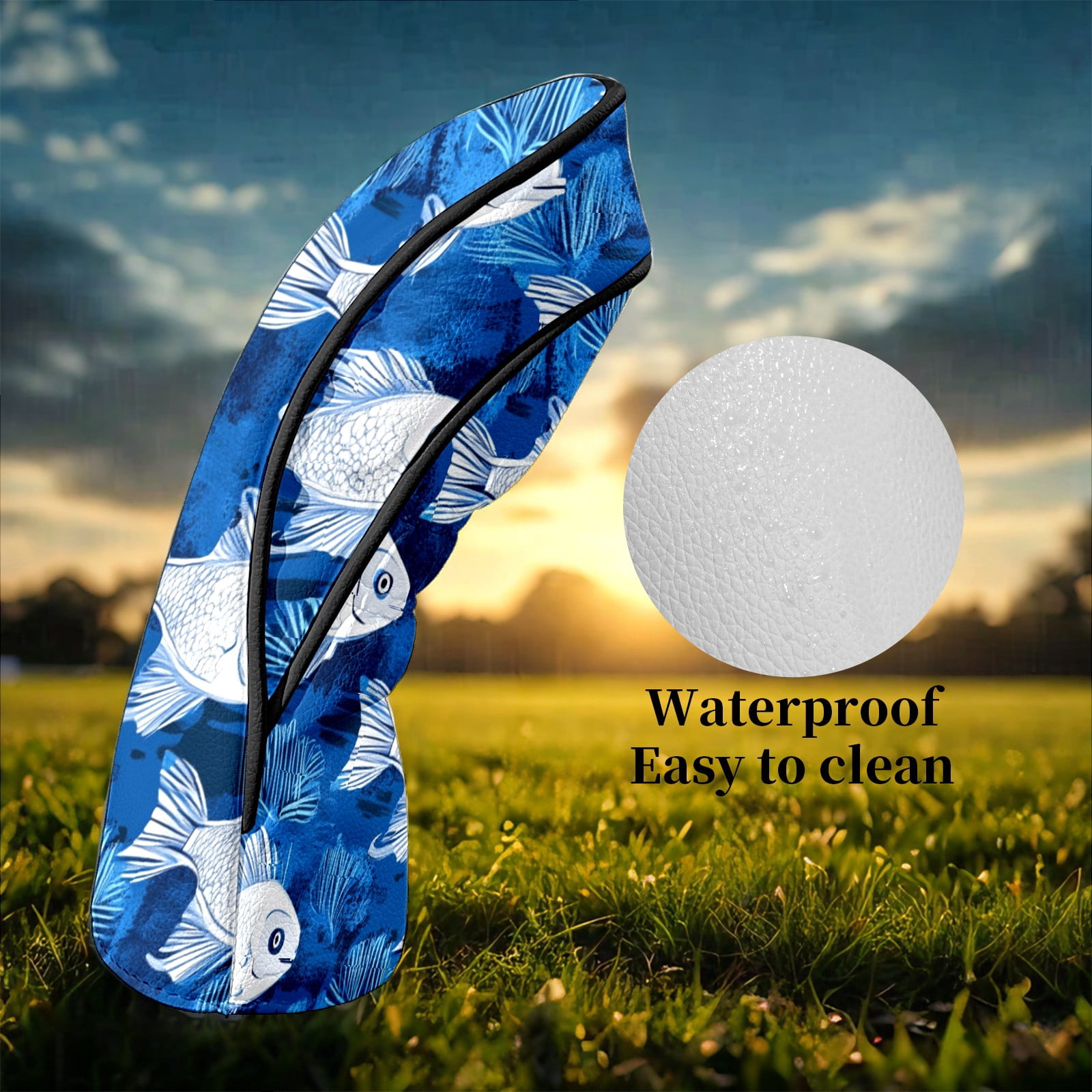 Golf Club Head Covers WhiteFish_CoralReef Waterproof Leather Golf Head Covers for Men Women Driver Head Cover Fairway Headcover for Golf Lovers