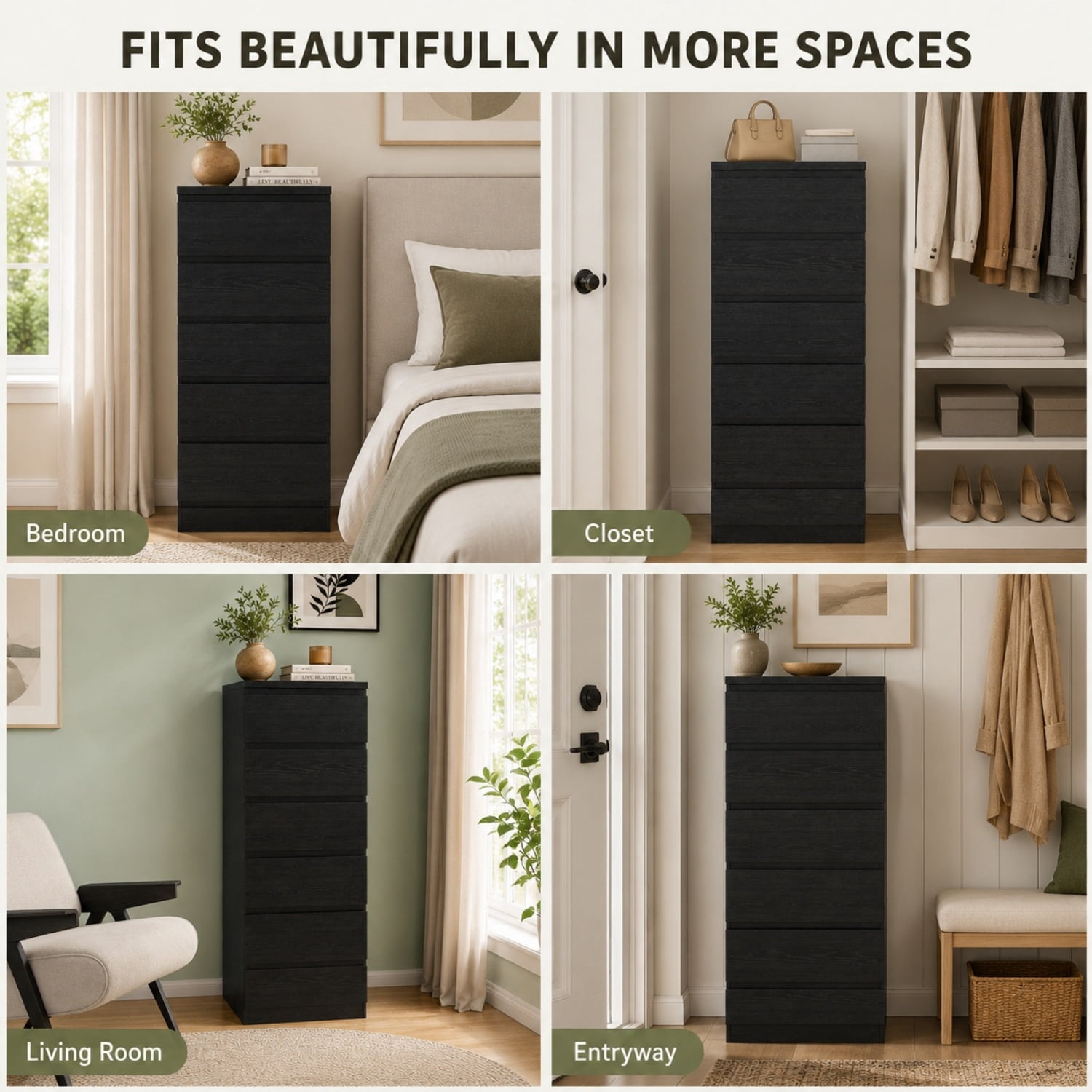 Miniyam 6 Drawer Dresser, Black Tall Dresser Chest of Drawers, Modern Handle-Free Storage Cabinet for Bedroom and Closet