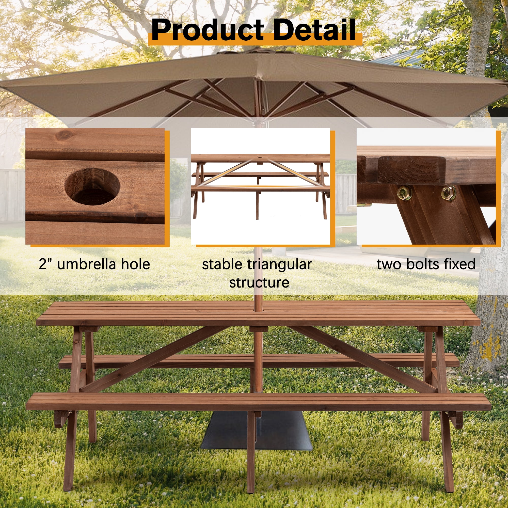 8-Person Rectangle Outdoor Wooden Picnic Table w/ 2 Built-In Benches,Outdoor Camping Dining Table for Backyard,Garden,Patio,2220 lbs Capacity