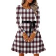 thumbnail image 2 of Hogleaql Womens Long Sleeve Dress Crew Neck Dressy A-Line Plus Size Swing Dress Checkered Striped Print Lightweight Knee Length Retro Fall Casual Flowy Bow Tie Skirts Wine M, 2 of 5