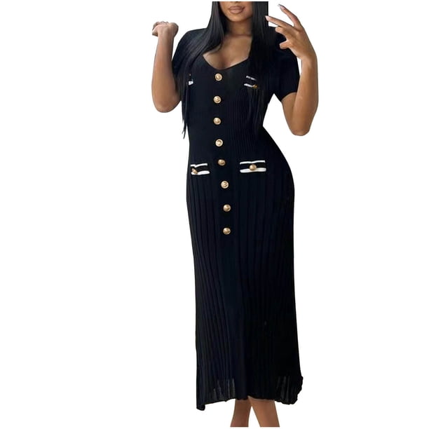 Vestido de Manga Corta para las Mujeres Color Sólido Ajustado V-Cuello Onda Falda Doblado, de Punto Sudadera Falda Larga