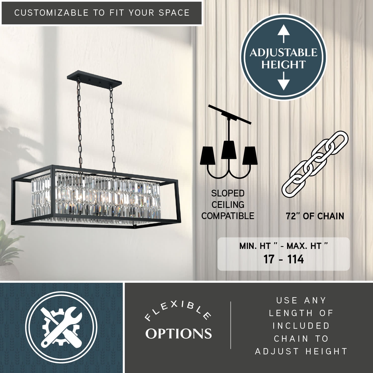 Catana 8L Crystal and Bronze Linear Chandelier Island Pendant Light Fixture