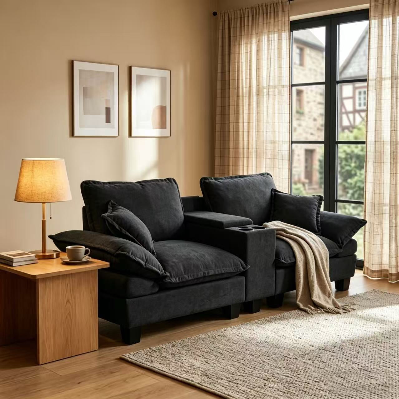 AISWORD Loveseat Sofa with Storage Console, USB Charging Ports & Cup Holders, 2-Seater Sectional Couch for Small Spaces, Black