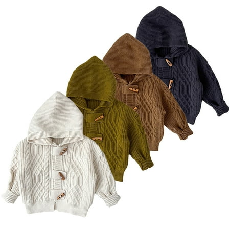 

Esaierr Toddler Unisex Spring Fall Cardigan Sweater Jacket Baby Solid Color Hooded Knitted Tops Pullover Hoodies Cow Horn Button Jumper for Boys Girls 6M-4Y